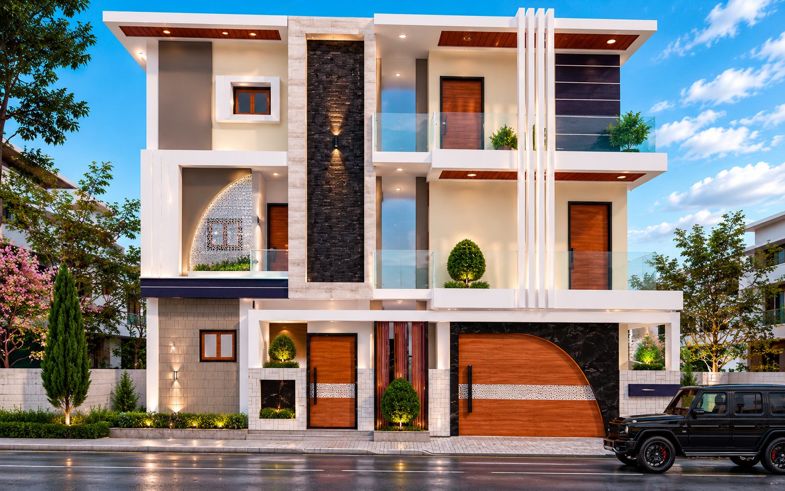 Modern residence at dusk